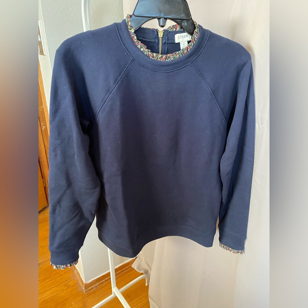J. Crew Factory Woven Floral Ruffle Neck Pullover Sweatshirt, Navy S